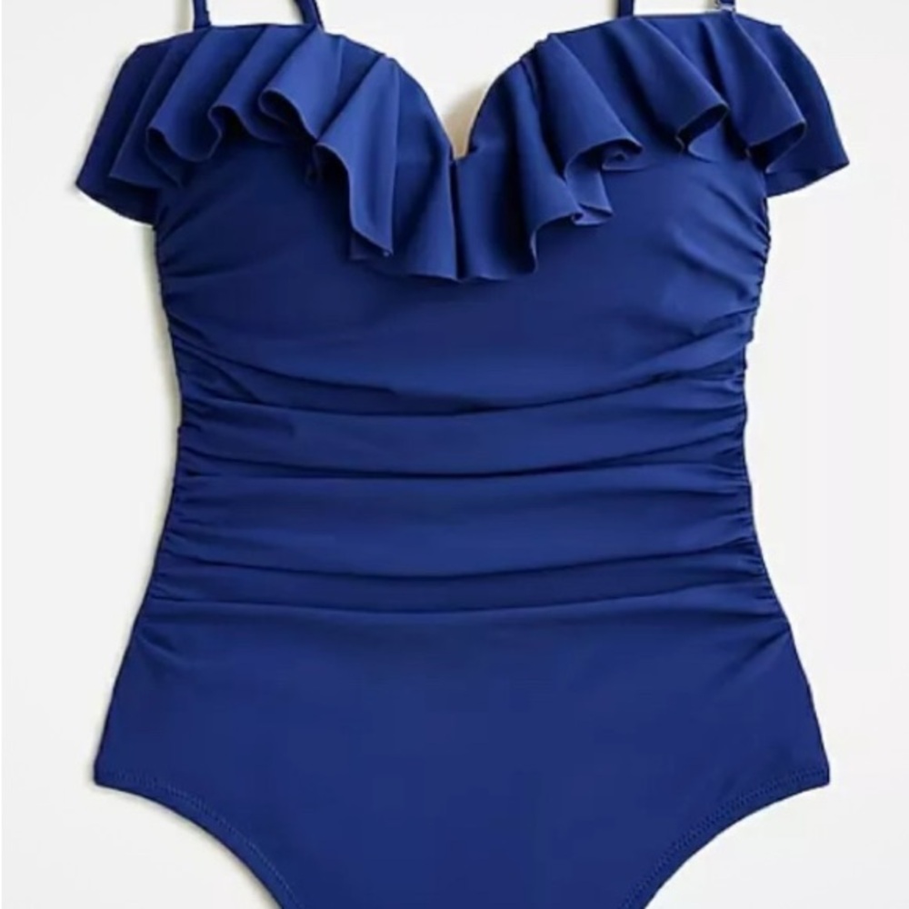 NWT J. Crew Sweetheart Ruffle Ruched  One Piece Swim Suit Blue BX214 Size 8